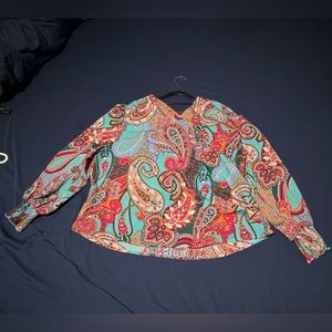 Paisley Print Lantern Sleeve Blouse 1XL